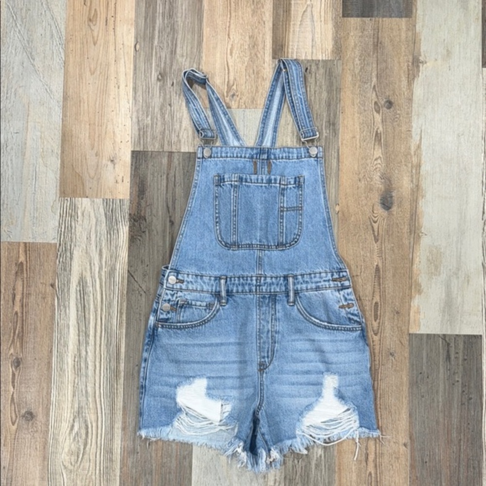 Denim Short Overalls Jumpsuit - Light Blue